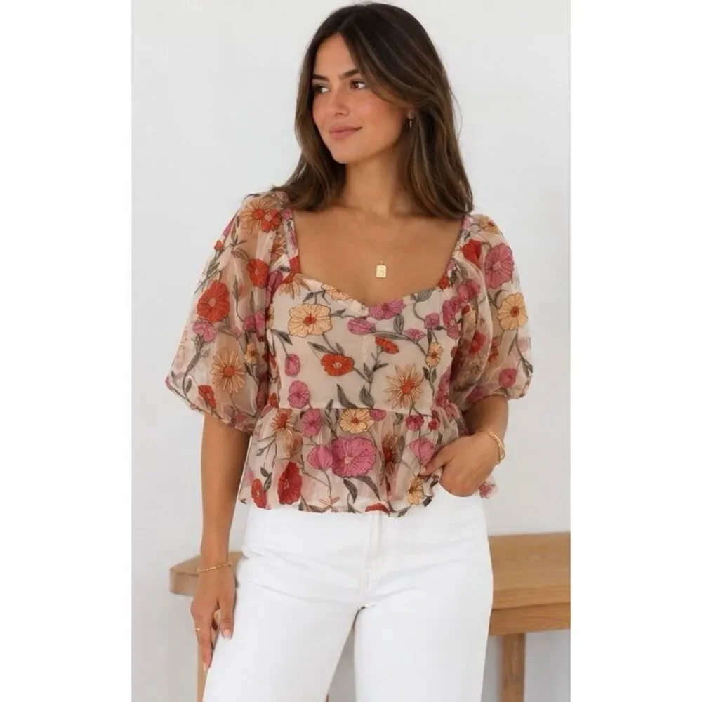 Saltwater Luxe Floral Embroidered Cropped Peplum Top in Beige Multi Size L